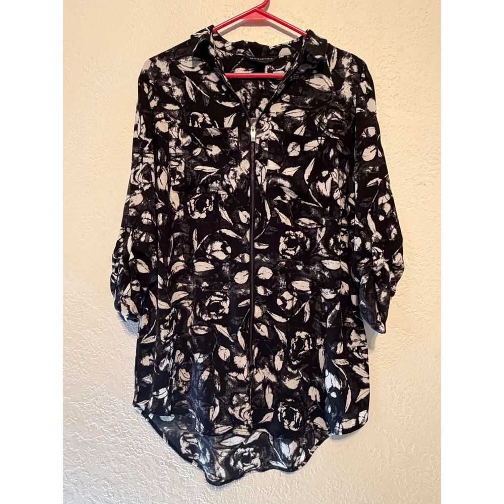 Rock & Republic Black White Floral Zip Front Roll Tab Sleeve Blouse Medium